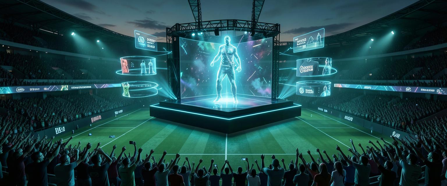 A holographic artist performing a half-time show on a floating stage inside a packed virtual stadium