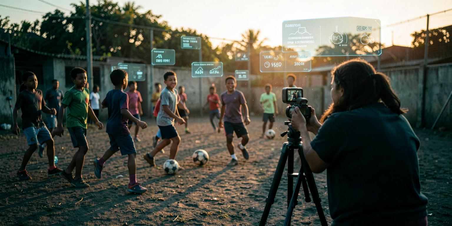 Grassroots players on a community pitch being filmed for an immersive story